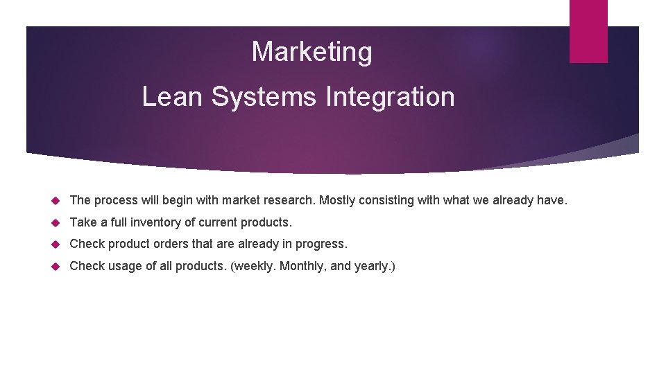 Marketing Lean Systems Integration The process will begin with market research. Mostly consisting with Marketing Lean Systems Integration The process will begin with market research. Mostly consisting with