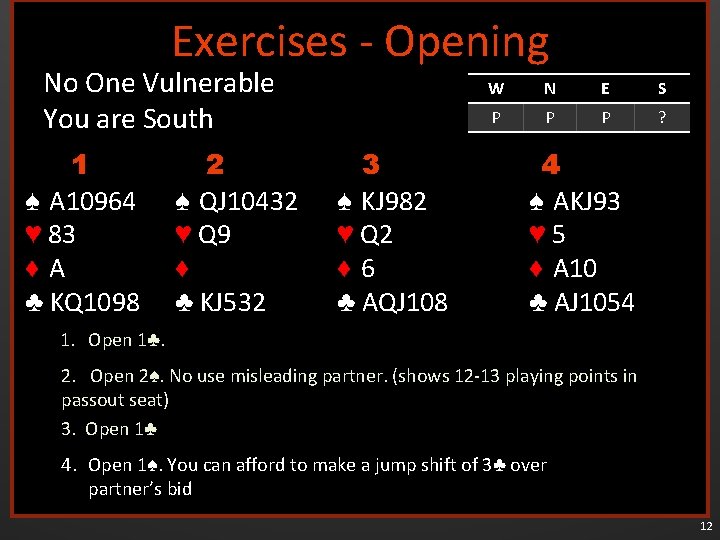 Exercises - Opening No One Vulnerable You are South 1 ♠ A 10964 ♥