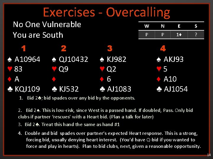 Exercises - Overcalling No One Vulnerable You are South 1 ♠ A 10964 ♥