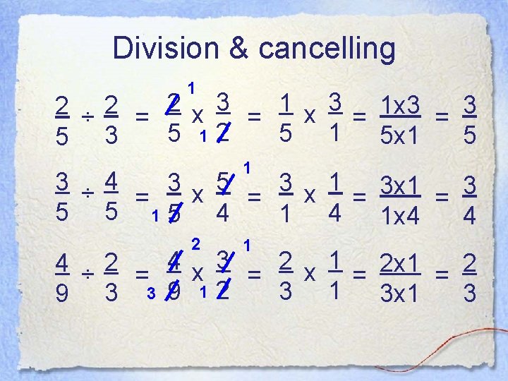 Division & cancelling 1 2 ÷ 2 = 2 x 3 = 1 x