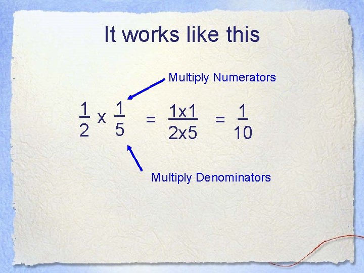 It works like this Multiply Numerators 1 x 1 2 5 1 x 1