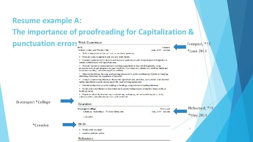 Resume example A: The importance of proofreading for Capitalization & Freeport, *TX punctuation errors