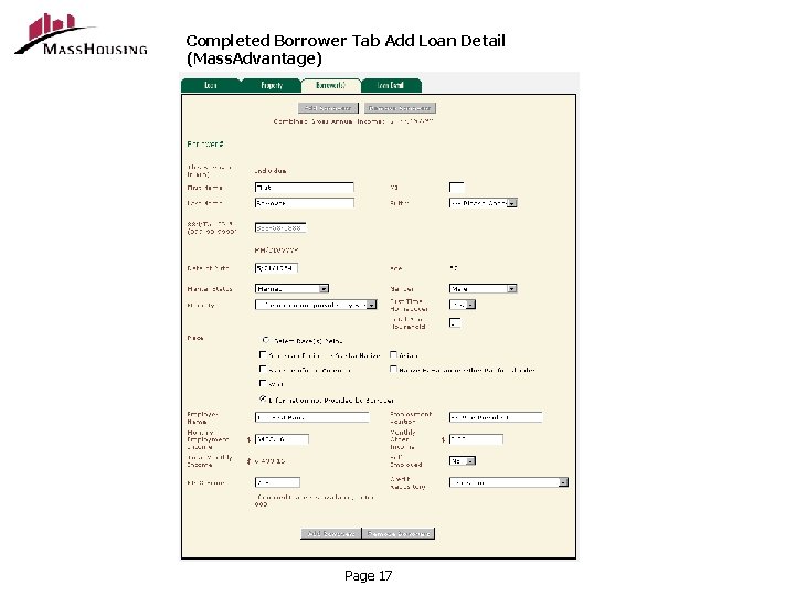 Completed Borrower Tab Add Loan Detail (Mass. Advantage) Page 17 