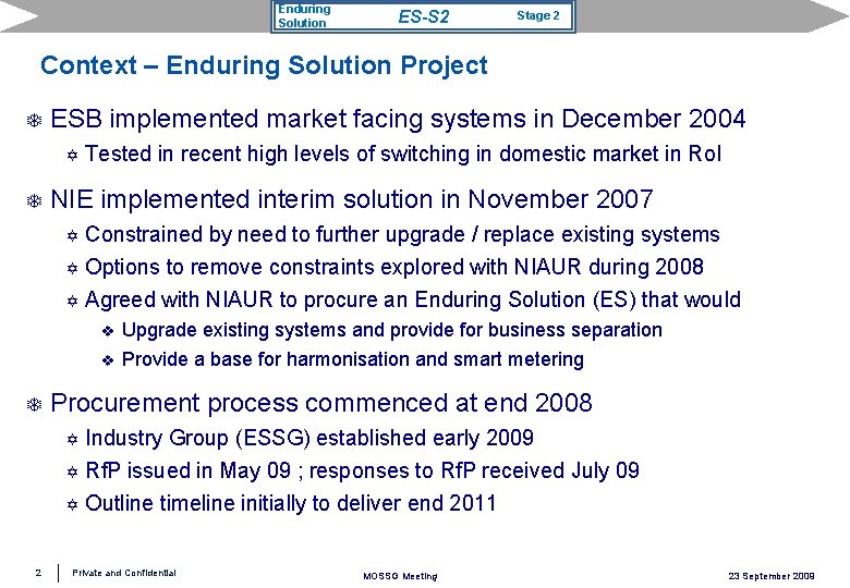 Enduring Solution ES-S 2 Stage 2 Context – Enduring Solution Project T ESB implemented