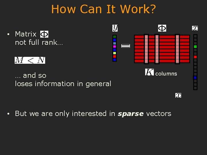 How Can It Work? • Matrix not full rank… … and so loses information