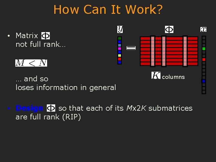 How Can It Work? • Matrix not full rank… … and so loses information