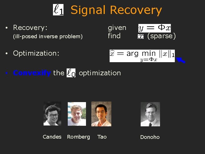 Signal Recovery • Recovery: given find (ill-posed inverse problem) (sparse) • Optimization: • Convexify