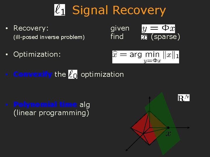 Signal Recovery • Recovery: (ill-posed inverse problem) given find • Optimization: • Convexify the