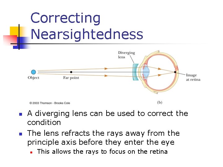 Correcting Nearsightedness n n A diverging lens can be used to correct the condition