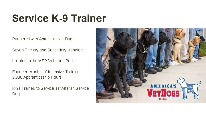 Service K-9 Trainer Partnered with America’s Vet Dogs Seven Primary and Secondary Handlers Located