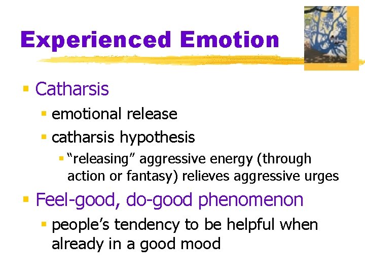 Experienced Emotion § Catharsis § emotional release § catharsis hypothesis § “releasing” aggressive energy