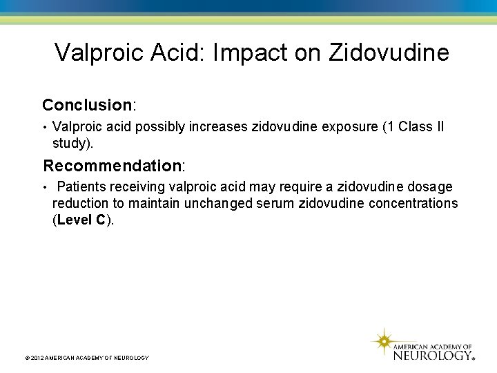 Valproic Acid: Impact on Zidovudine Conclusion: • Valproic acid possibly increases zidovudine exposure (1