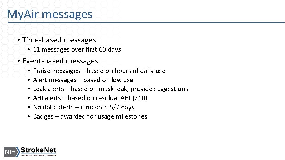 My. Air messages • Time-based messages • 11 messages over first 60 days •