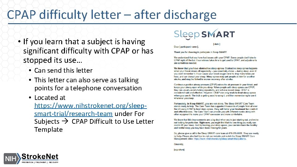 CPAP difficulty letter – after discharge • If you learn that a subject is