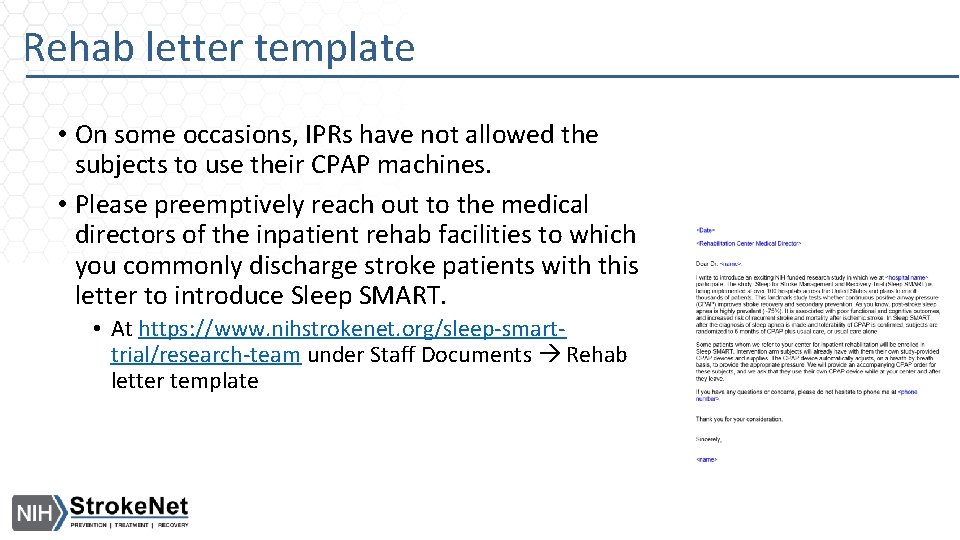 Rehab letter template • On some occasions, IPRs have not allowed the subjects to