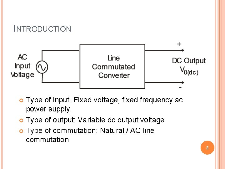 INTRODUCTION Type of input: Fixed voltage, fixed frequency ac power supply. Type of output: