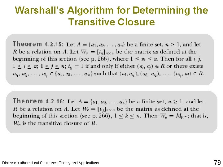 Warshall’s Algorithm for Determining the Transitive Closure Discrete Mathematical Structures: Theory and Applications 79