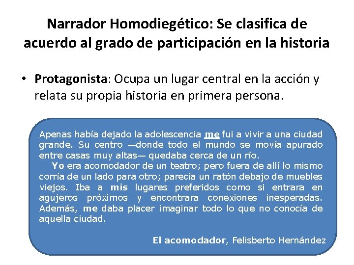 Narrador Homodiegético: Se clasifica de acuerdo al grado de participación en la historia •