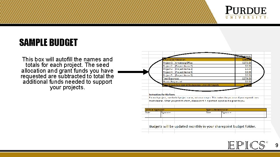 SAMPLE BUDGET This box will autofill the names and totals for each project. The