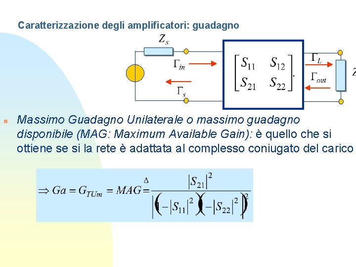 Caratterizzazione degli amplificatori: guadagno n Massimo Guadagno Unilaterale o massimo guadagno disponibile (MAG: Maximum