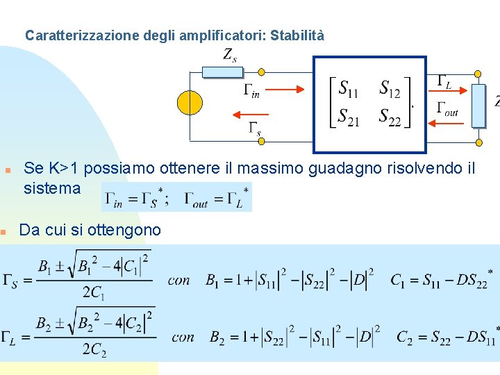 Caratterizzazione degli amplificatori: Stabilità n n Se K>1 possiamo ottenere il massimo guadagno risolvendo