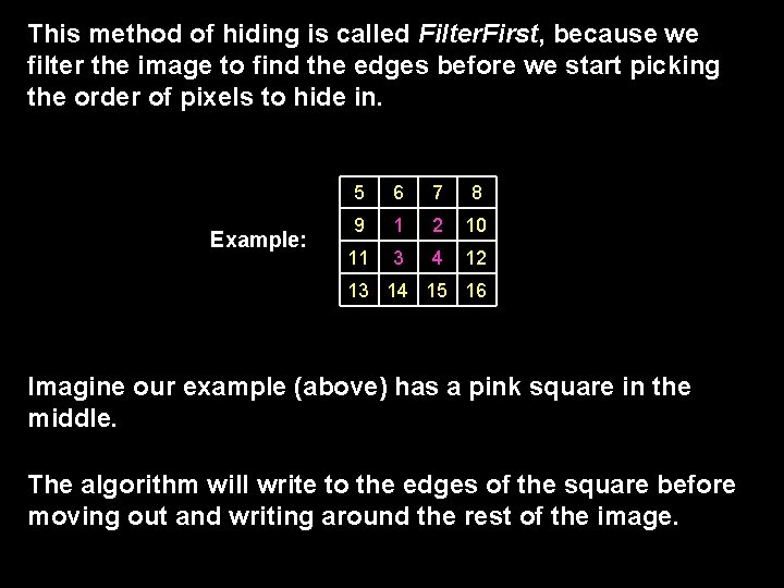 This method of hiding is called Filter. First, because we filter the image to