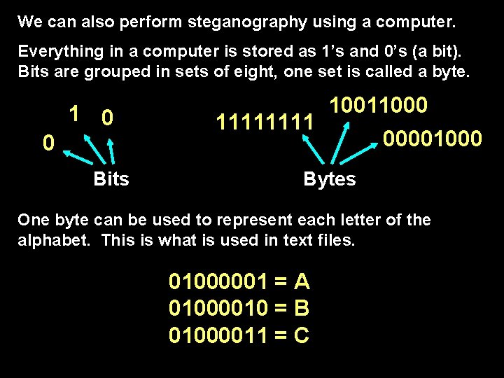 We can also perform steganography using a computer. Everything in a computer is stored