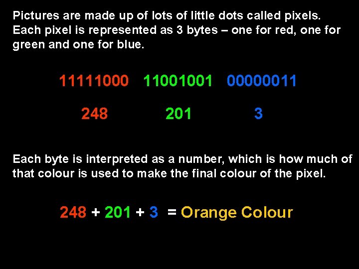 Pictures are made up of lots of little dots called pixels. Each pixel is