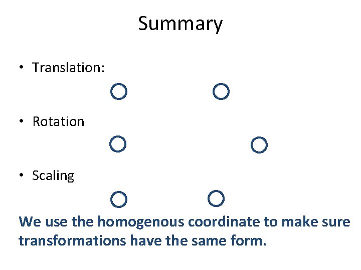 Summary • Translation: • Rotation • Scaling We use the homogenous coordinate to make