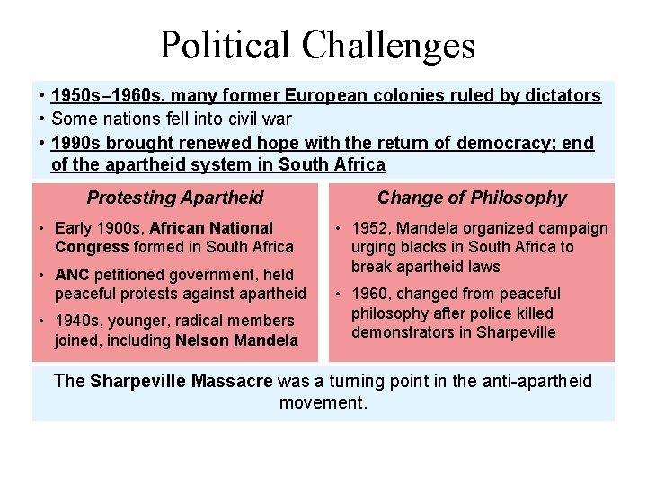 Political Challenges • 1950 s– 1960 s, many former European colonies ruled by dictators