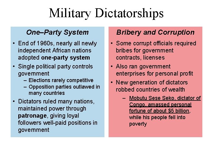 Military Dictatorships One–Party System • End of 1960 s, nearly all newly independent African