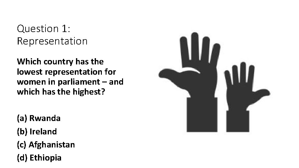 Question 1: Representation Which country has the lowest representation for women in parliament –