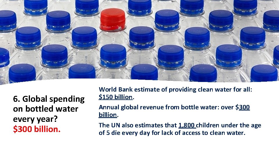 6. Global spending on bottled water every year? $300 billion. World Bank estimate of