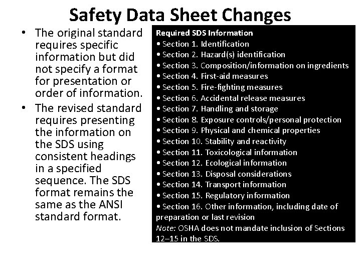 Safety Data Sheet Changes • The original standard requires specific information but did not