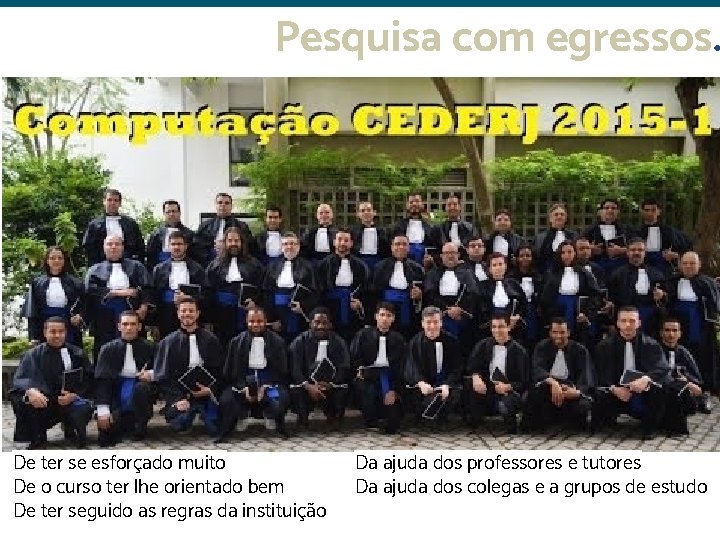 Pesquisa com egressos. De ter se esforçado muito De o curso ter lhe orientado