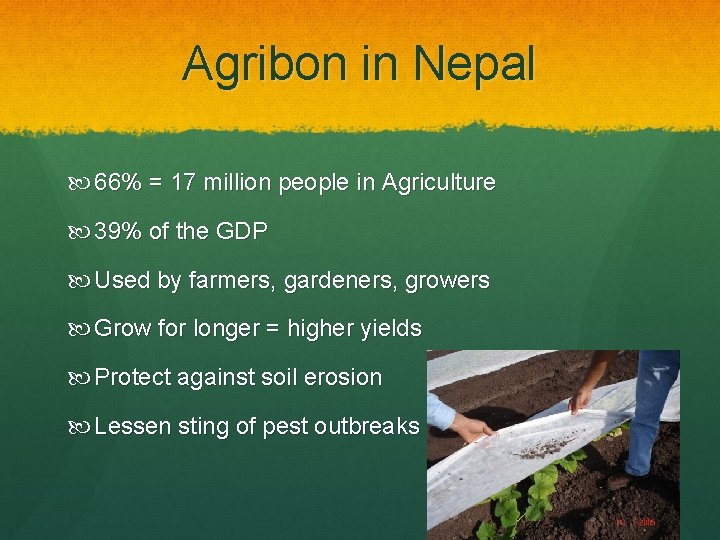 Agribon in Nepal 66% = 17 million people in Agriculture 39% of the GDP