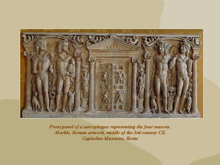 Front panel of a sarcophagus representing the four seasons. Marble, Roman artwork, middle of