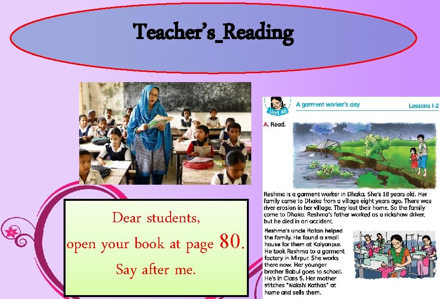 Teacher’s Reading Dear students, open your book at page 80. Say after me. 