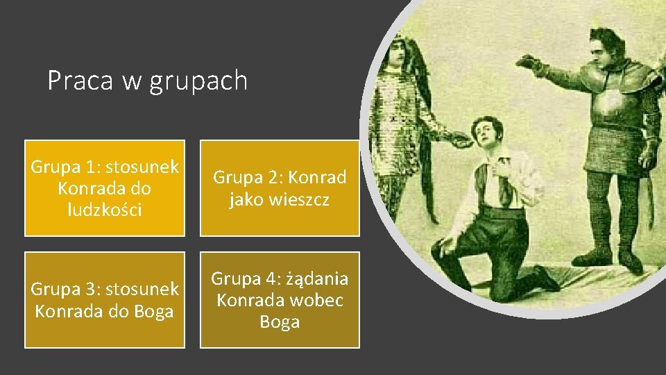 Praca w grupach Grupa 1: stosunek Konrada do ludzkości Grupa 2: Konrad jako wieszcz