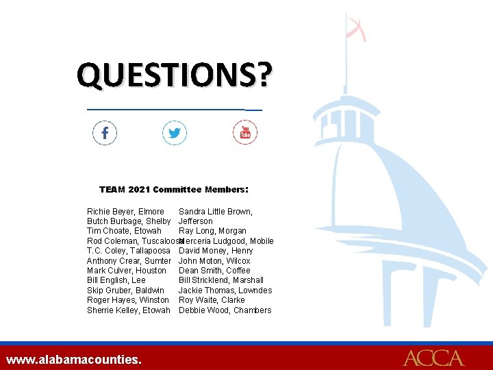 QUESTIONS? TEAM 2021 Committee Members: Richie Beyer, Elmore Sandra Little Brown, Butch Burbage, Shelby