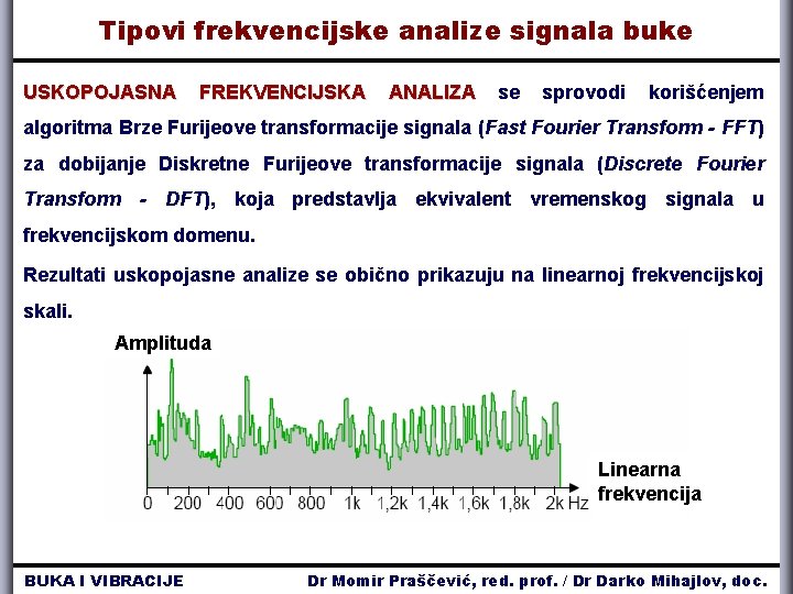 Tipovi frekvencijske analize signala buke USKOPOJASNA FREKVENCIJSKA ANALIZA se sprovodi korišćenjem algoritma Brze Furijeove Tipovi frekvencijske analize signala buke USKOPOJASNA FREKVENCIJSKA ANALIZA se sprovodi korišćenjem algoritma Brze Furijeove