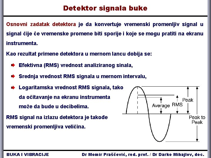 Detektor signala buke Osnovni zadatak detektora je da konvertuje vremenski promenljiv signal u signal Detektor signala buke Osnovni zadatak detektora je da konvertuje vremenski promenljiv signal u signal