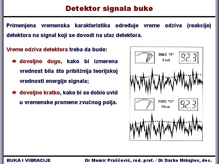 Detektor signala buke Primenjena vremenska karakteristika određuje vreme odziva (reakcije) detektora na signal koji