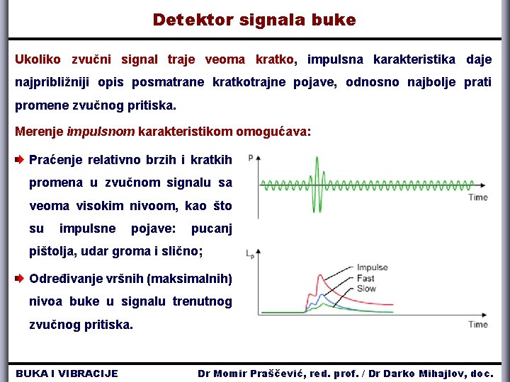 Detektor signala buke Ukoliko zvučni signal traje veoma kratko, impulsna karakteristika daje najpribližniji opis Detektor signala buke Ukoliko zvučni signal traje veoma kratko, impulsna karakteristika daje najpribližniji opis
