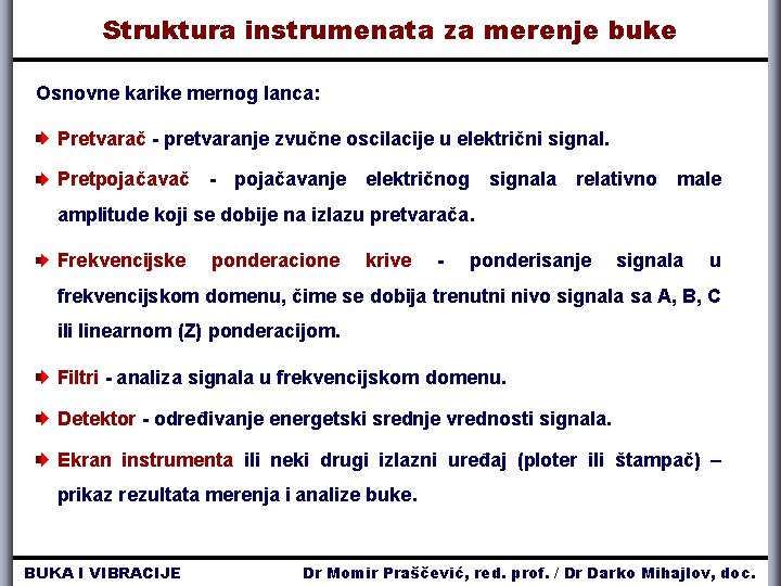 Struktura instrumenata za merenje buke Osnovne karike mernog lanca: Pretvarač - pretvaranje zvučne oscilacije Struktura instrumenata za merenje buke Osnovne karike mernog lanca: Pretvarač - pretvaranje zvučne oscilacije