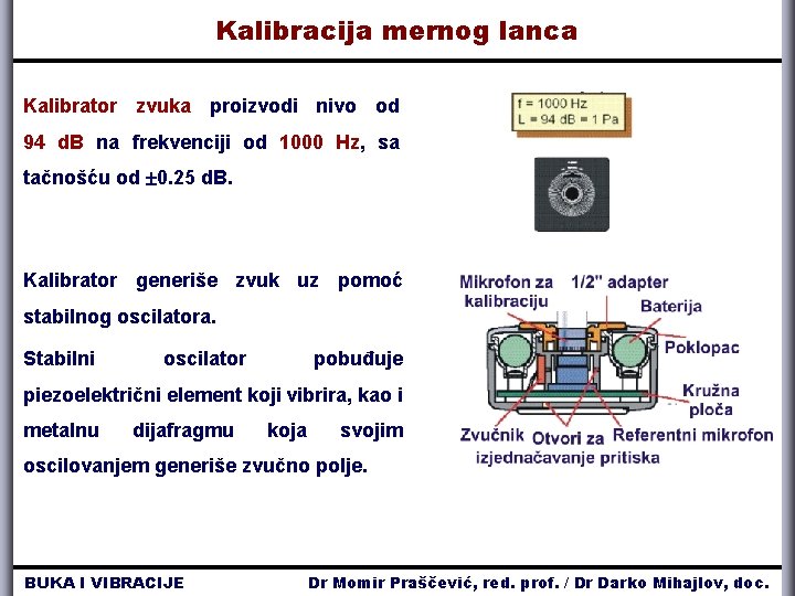 Kalibracija mernog lanca Kalibrator zvuka proizvodi nivo od 94 d. B na frekvenciji od