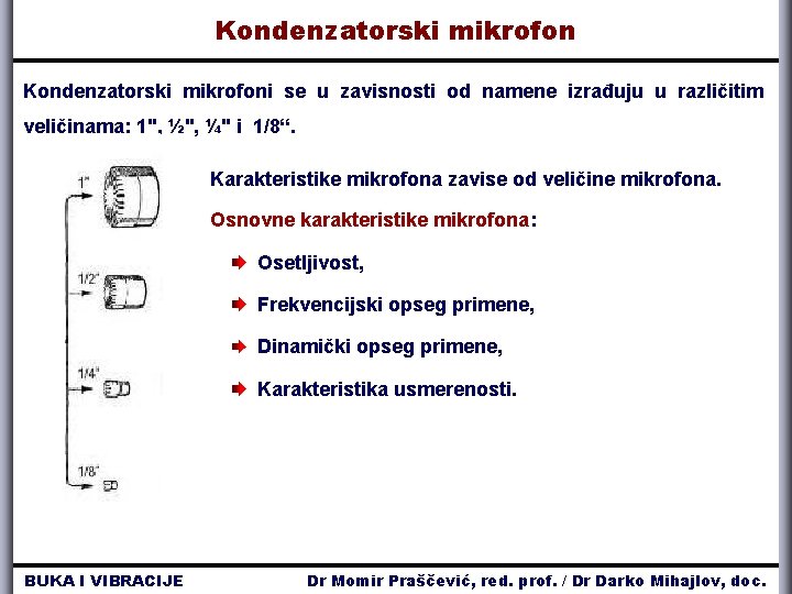 Kondenzatorski mikrofoni se u zavisnosti od namene izrađuju u različitim veličinama: 1", ½", ¼"