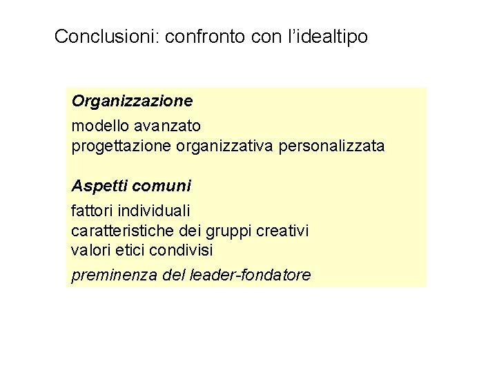 Conclusioni: confronto con l’idealtipo Organizzazione modello avanzato progettazione organizzativa personalizzata Aspetti comuni fattori individuali