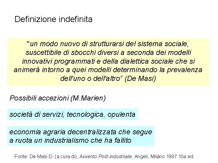 Definizione indefinita "un modo nuovo di strutturarsi del sistema sociale, suscettibile di sbocchi diversi