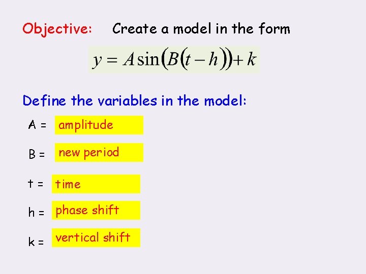 Objective: Create a model in the form Define the variables in the model: A